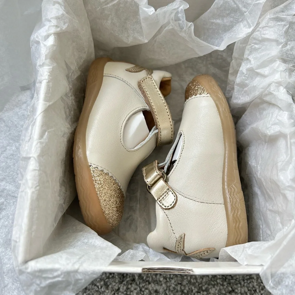 Girls Cream Mary Jane Shoes with Gold Glitter Toe